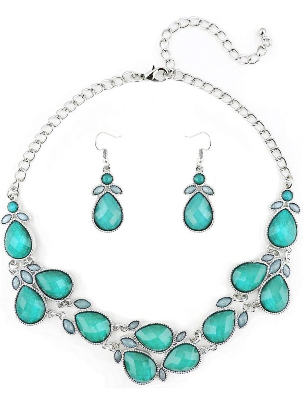 Women's Teal Blue Water Drop Collar Necklace Earrings Set Statement Jewelry